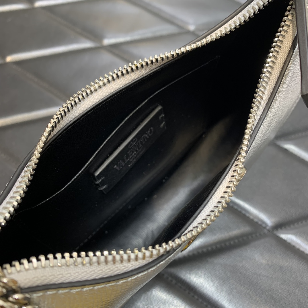 Valentino Garavani VLogo Signature Hobo Bag in Silver Grainy Calfskin Leather 